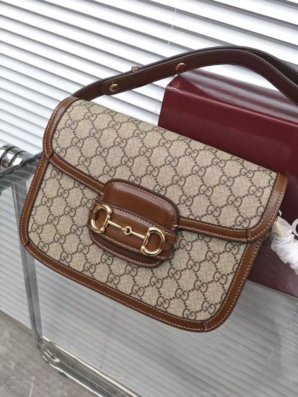 Gucci 1955 Horsebit Medium Shoulder Bag in GG Supreme Canvas with Brown Leather